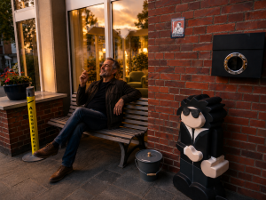 Man sitz am Retro Hotel Lünen auf eine Bank und genießt eine Zigarette